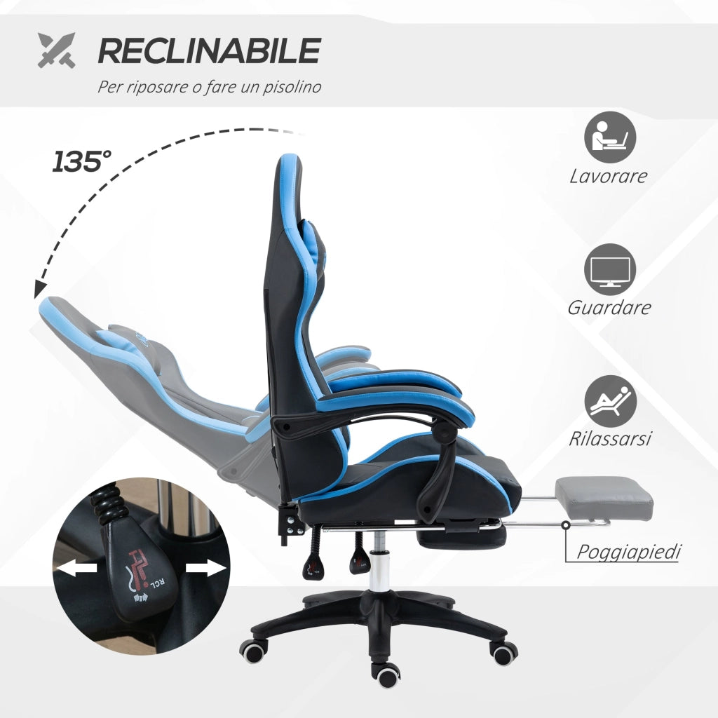 Sedia da Gaming Ergonomica 65x65x121-129 cm in Similpelle Blu e Nero