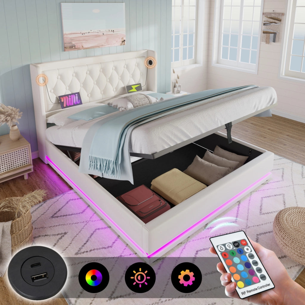 Letto contenitore imbottito 160x200 cm in PU bianco con LED e USB Type-C