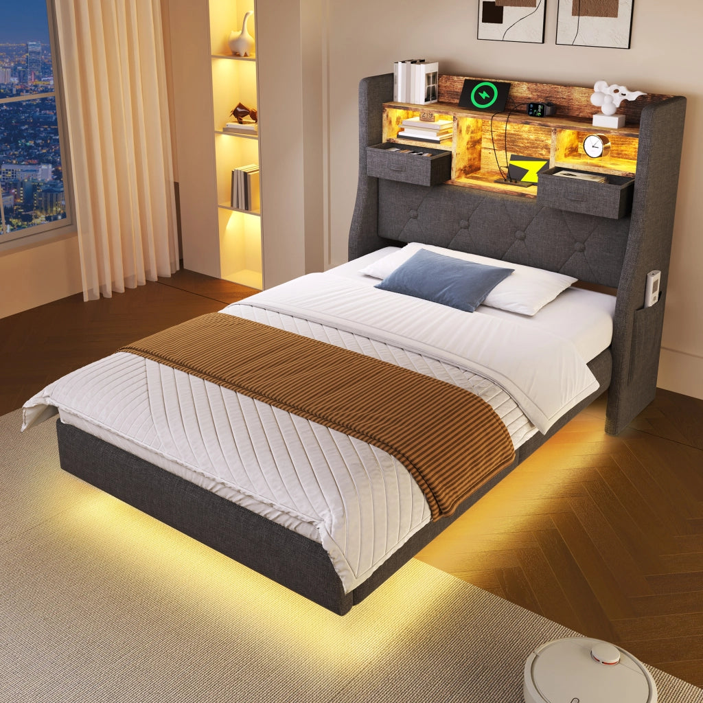 Letto Singolo 90x200 cm Imbottito in Lino Grigio con Testiera Contenitore; LED e Prese USB/Type-C