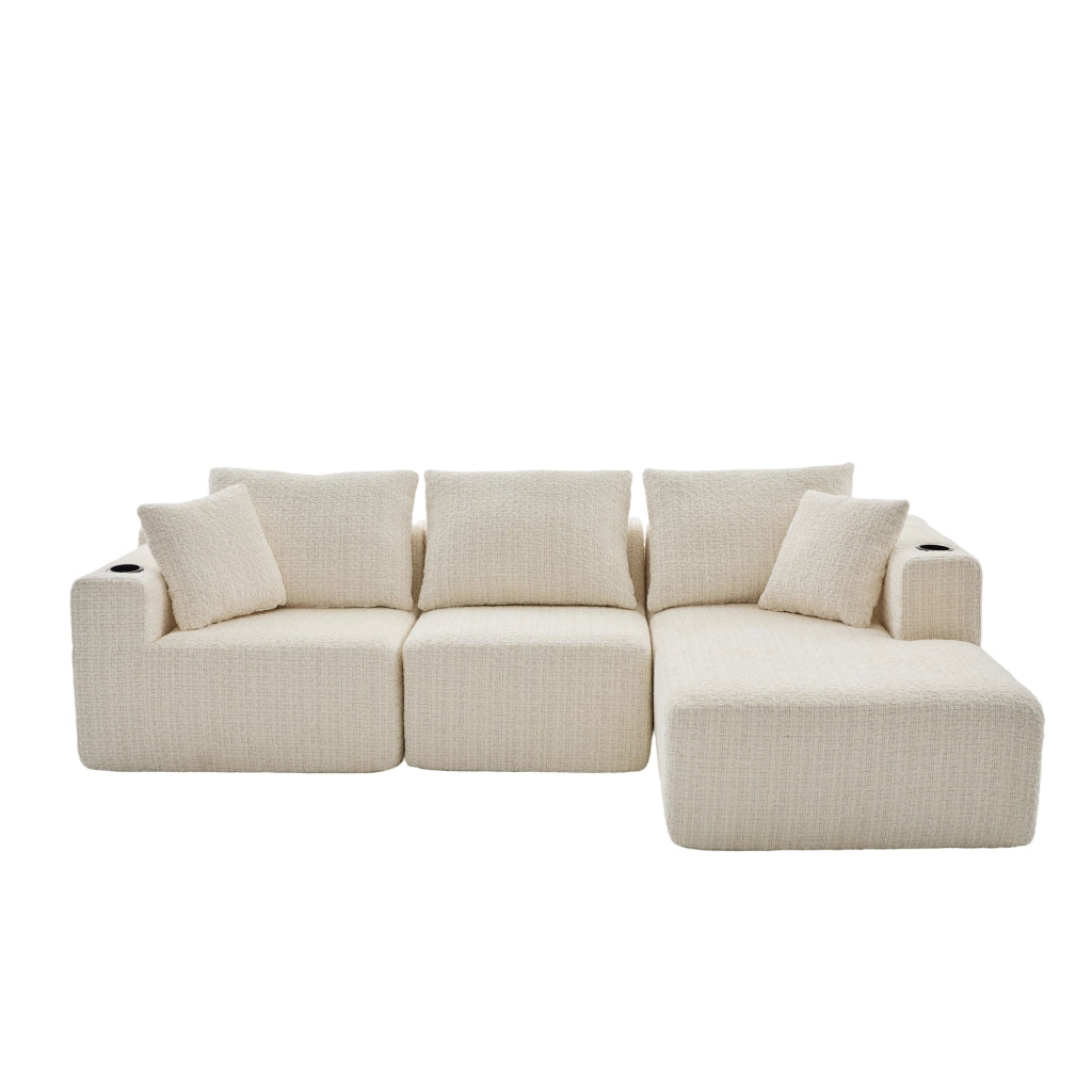 Divano modulare angolare 3 posti con braccioli larghi e tasche laterali in chenille beige