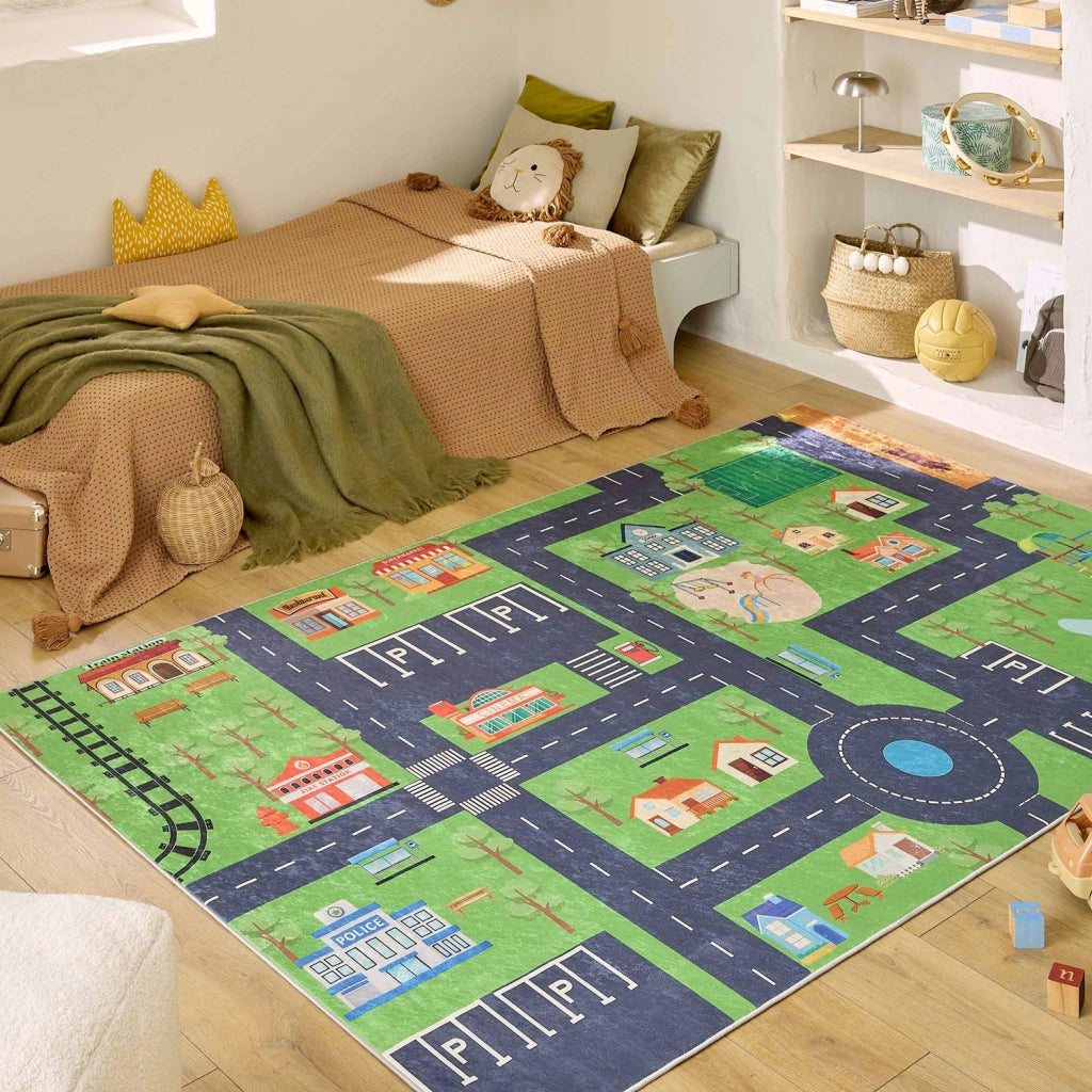 Tappeto interno per bambini colore bianco e stampato mini città