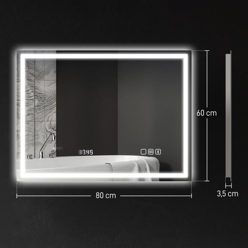Specchio da bagno LED con Bluetooth; orologio digitale; antiappannamento e controllo touch; argento