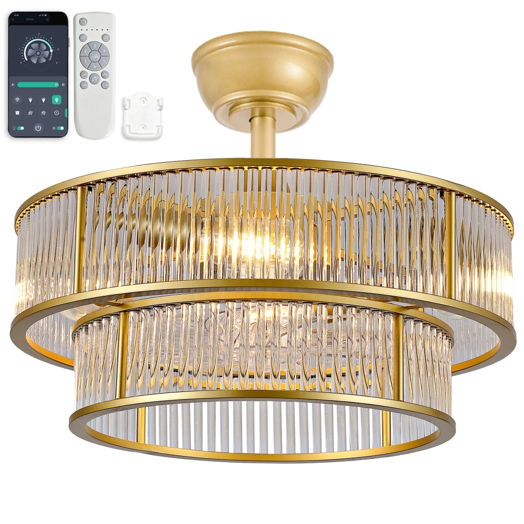 Ventilatore da soffitto con illuminazione 4 attacchi E26. 6 velocità; app Bluetooth e telecomando oro