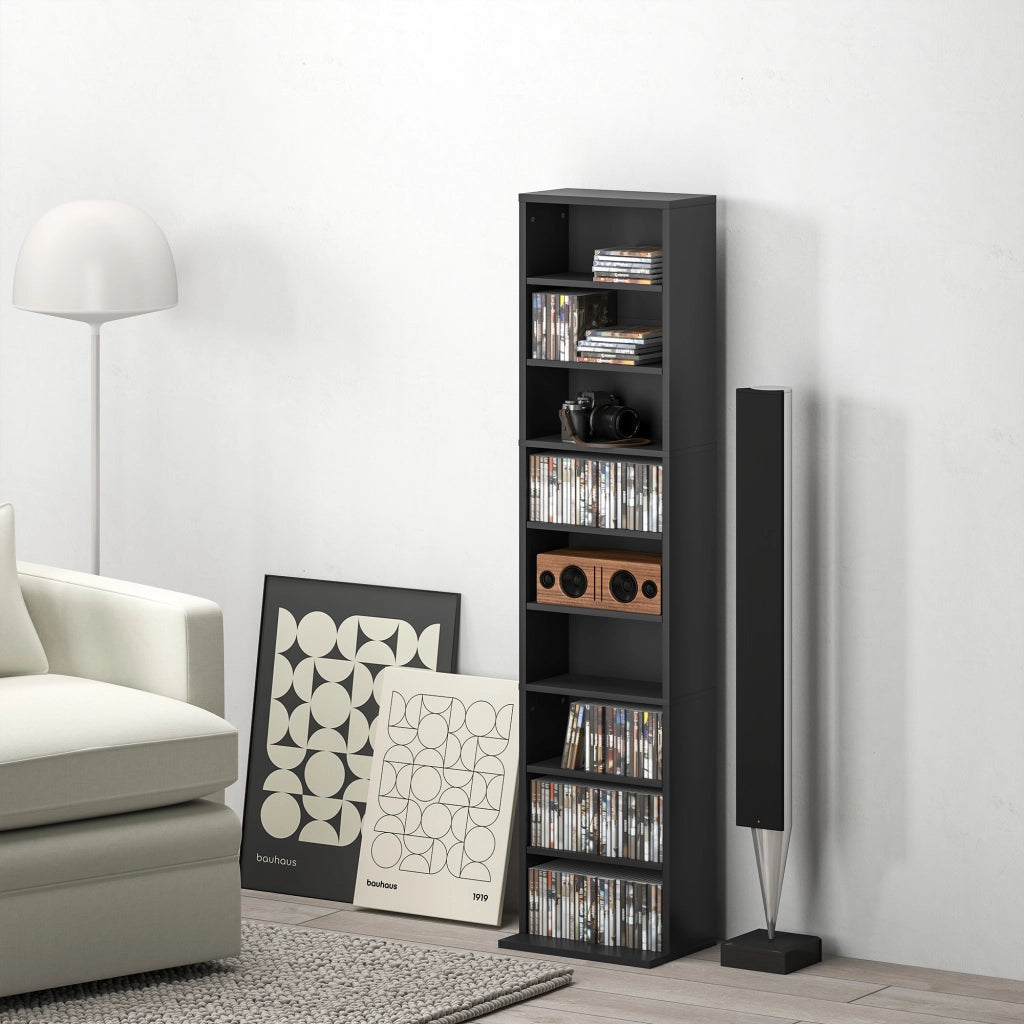 Libreria Porta CD e DVD 33x24x140 cm con 6 Ripiani Regolabili Nero