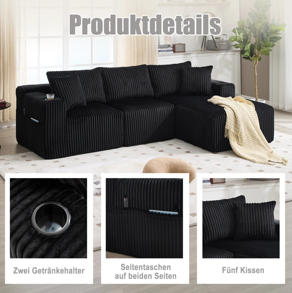 DIVANO modulare con chaise longue e 2 posti 257x90-160x62 cm nero