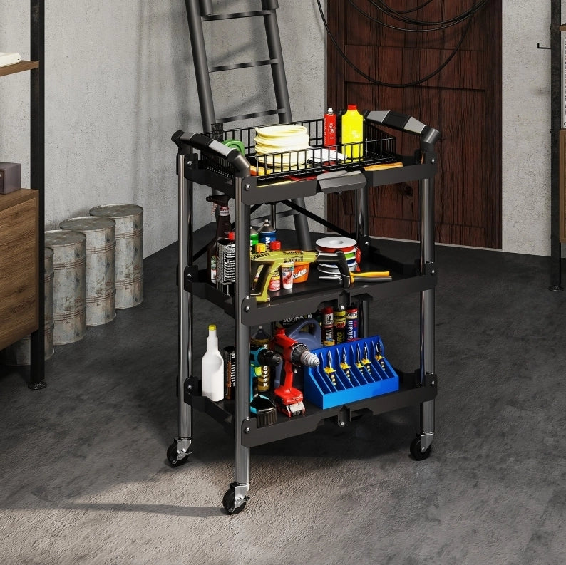 Carrello da officina pieghevole 64 x 37 x 84 cm nero, 3 livelli, 68 kg, per garage
