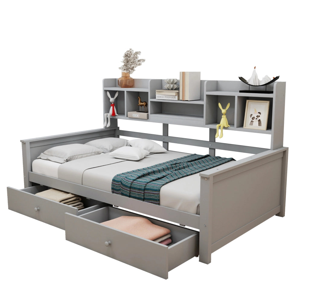Letto divano singolo 90x200 cm con cassetti e ripiani grigio