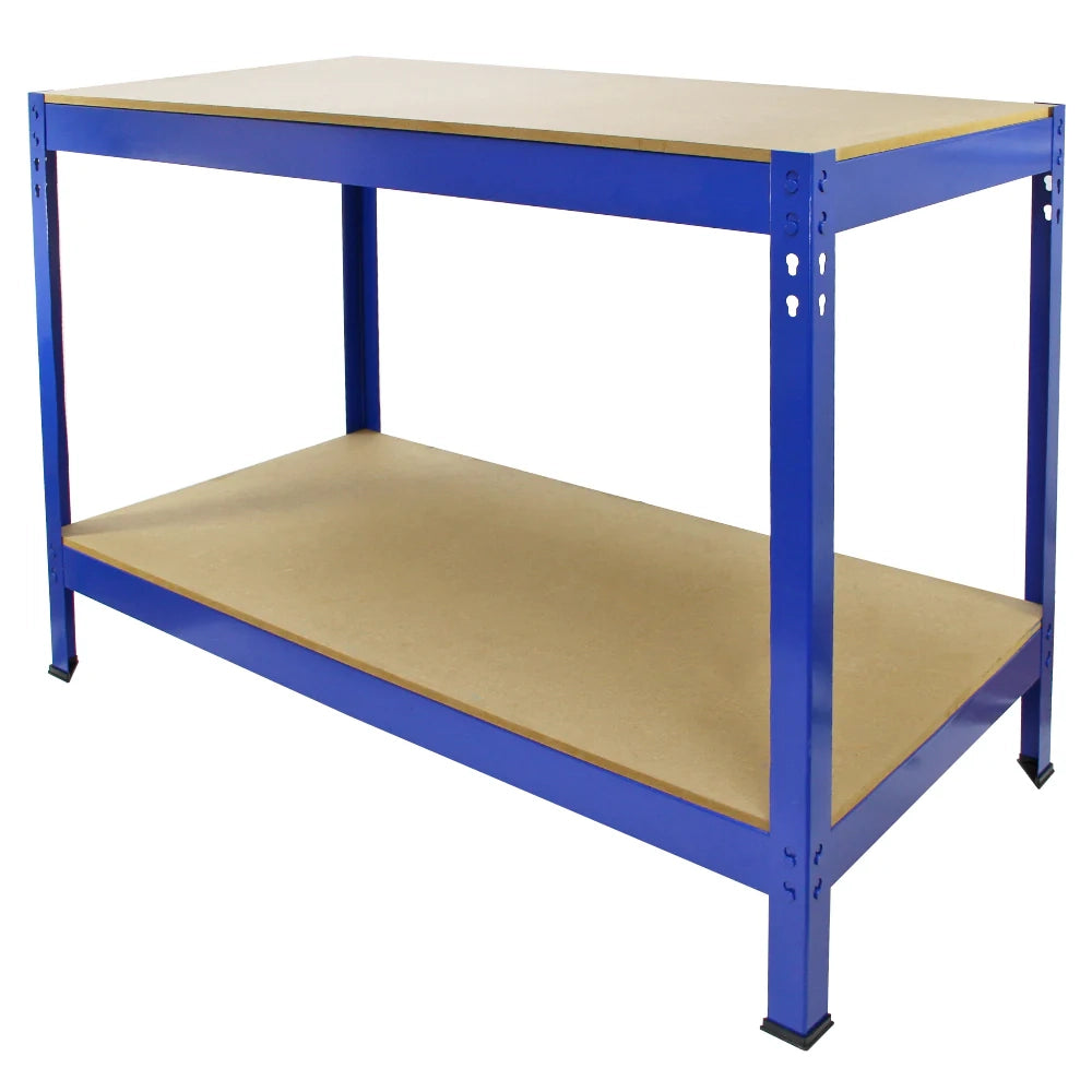 Tavolo da Lavoro Q-Rax Bancone da Lavoro ad Incastro Senza Bulloni in Acciaio e MDF Banco per Garage, Officina e Magazzino - Blu - Larghezza 100cm