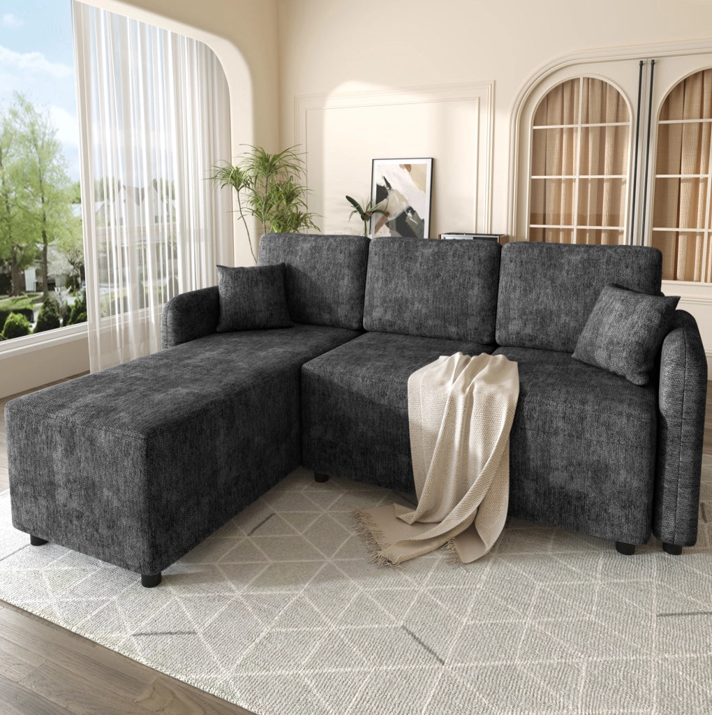 DIVANO 3 POSTI L con zona relax, Chenille nero, 2 cuscini inclusi
