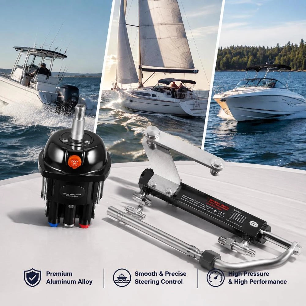 Hydraulic Steering Kit, 90 HP, Hydraulic Steering Helm Pump & Cylinder, With 6.9 MPa/1000 Psi Max Working Pressure, Aluminum Alloy Housing, Check Valve, For Outboards Fishing Boats Sailboats