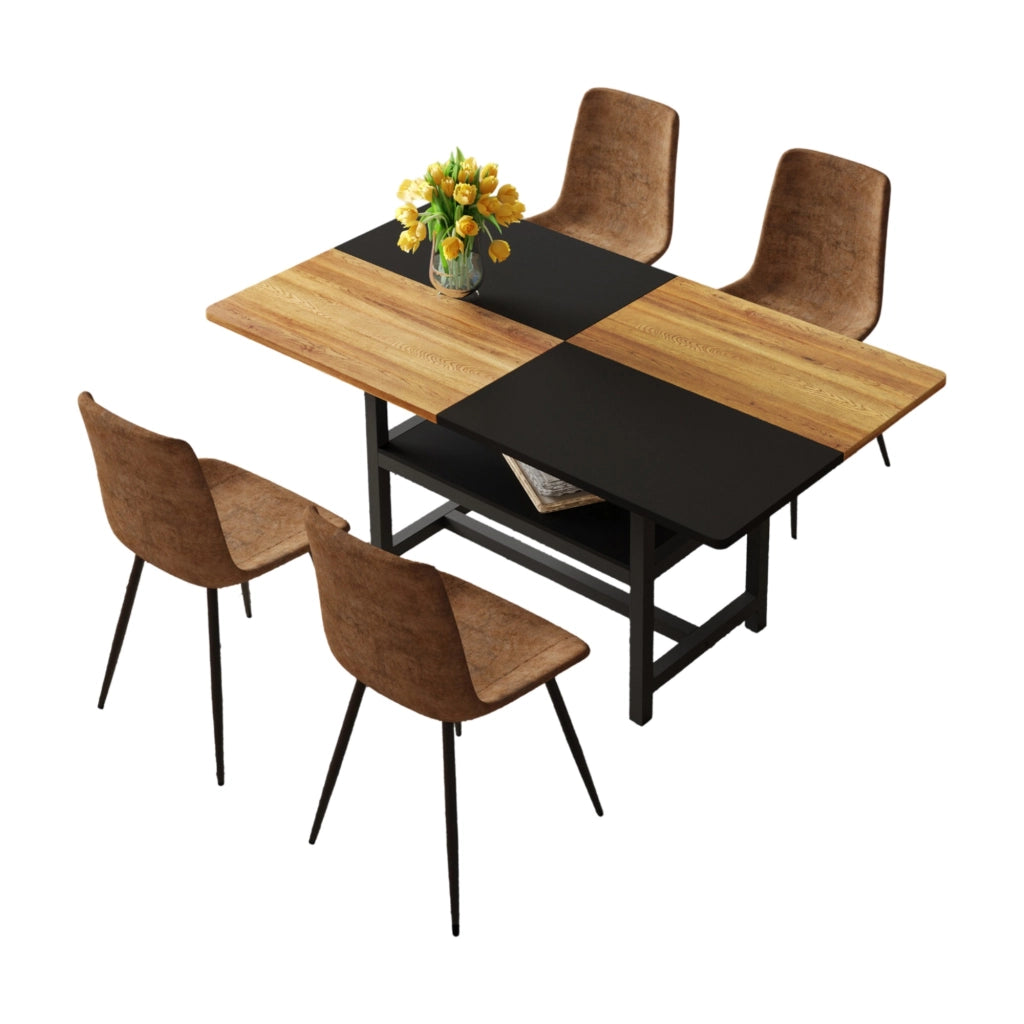 Set tavolo e sedie 160 cm rettangolare in MDF e metallo nero, 4 sedie marroni