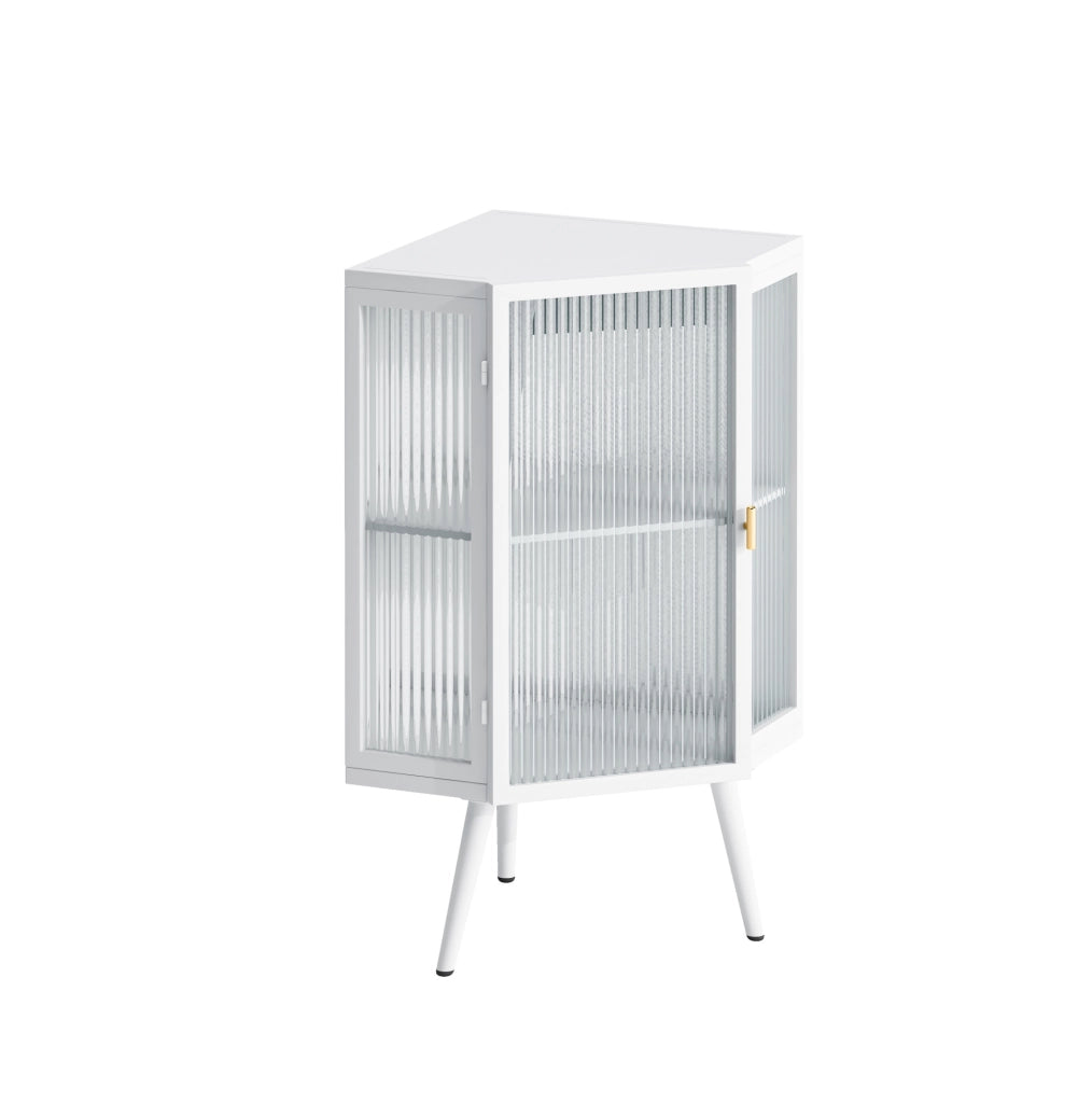 Mobile angolare 80 cm con anta e ripiani in metallo e vetro temperato bianco