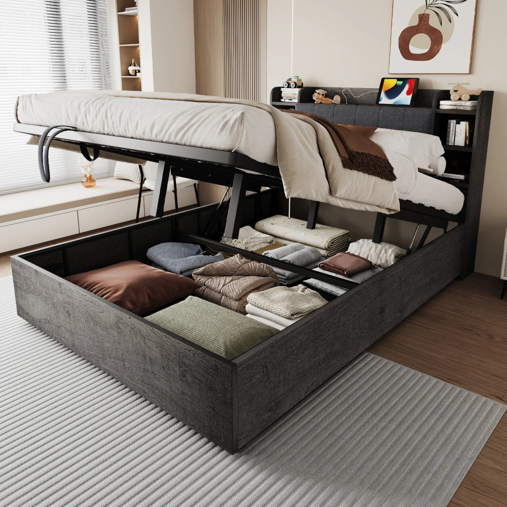 Letto contenitore 180x200 cm grigio con testiera a vani e porte USB e USB-C