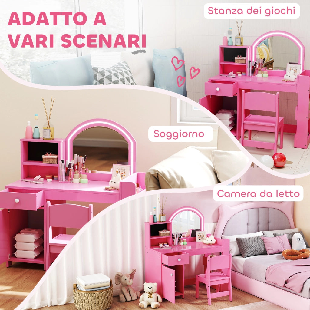 Set toeletta trucco per bambini con specchio, sedia, scaffali e libreria ¨C Minimal ¨C rosa
