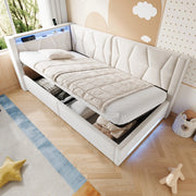 Letto imbottito 90x200 cm con contenitore, LED, USB e Type-C, velluto beige
