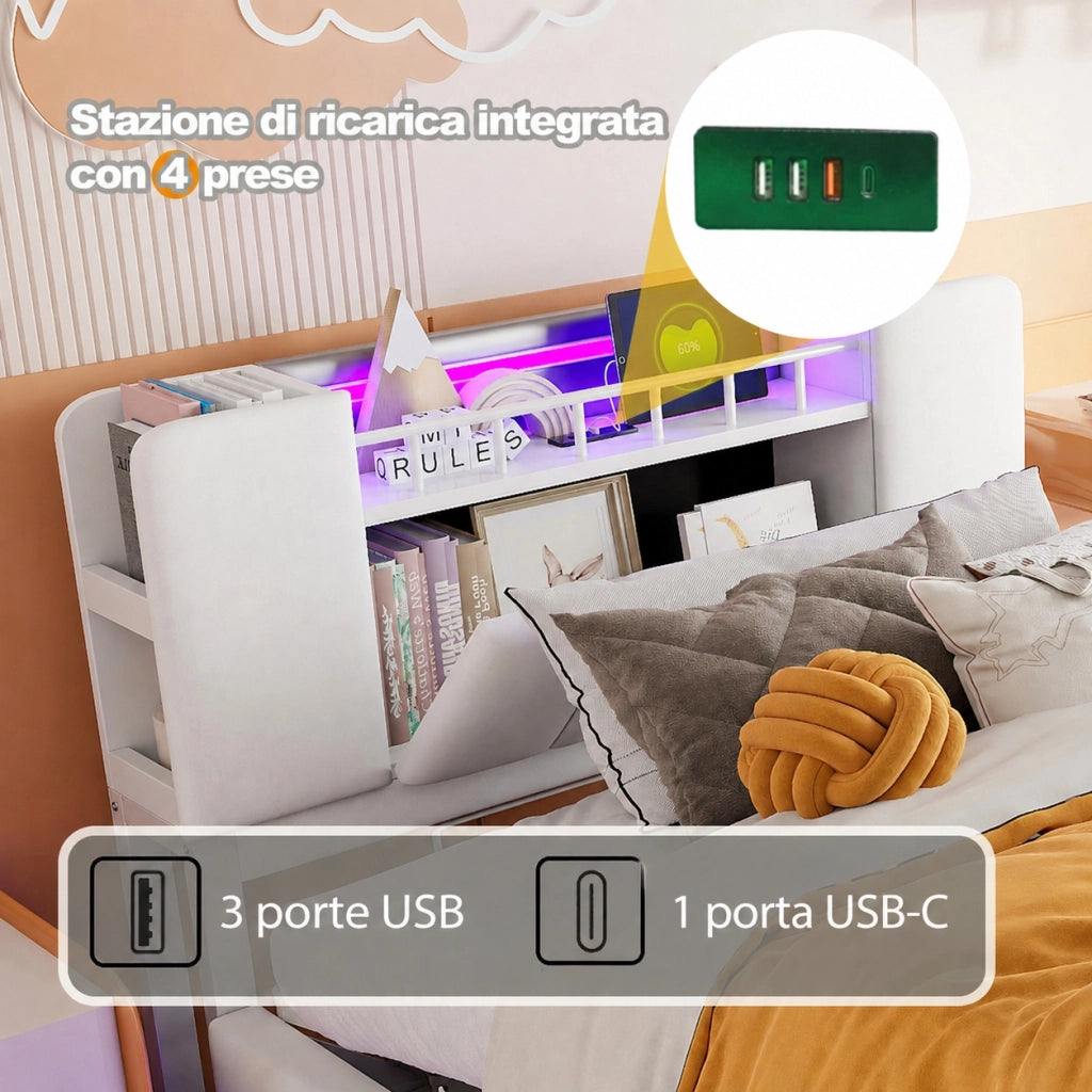 Letto imbottito per bambini 90x200 con LED e contenitore idraulico; velluto beige