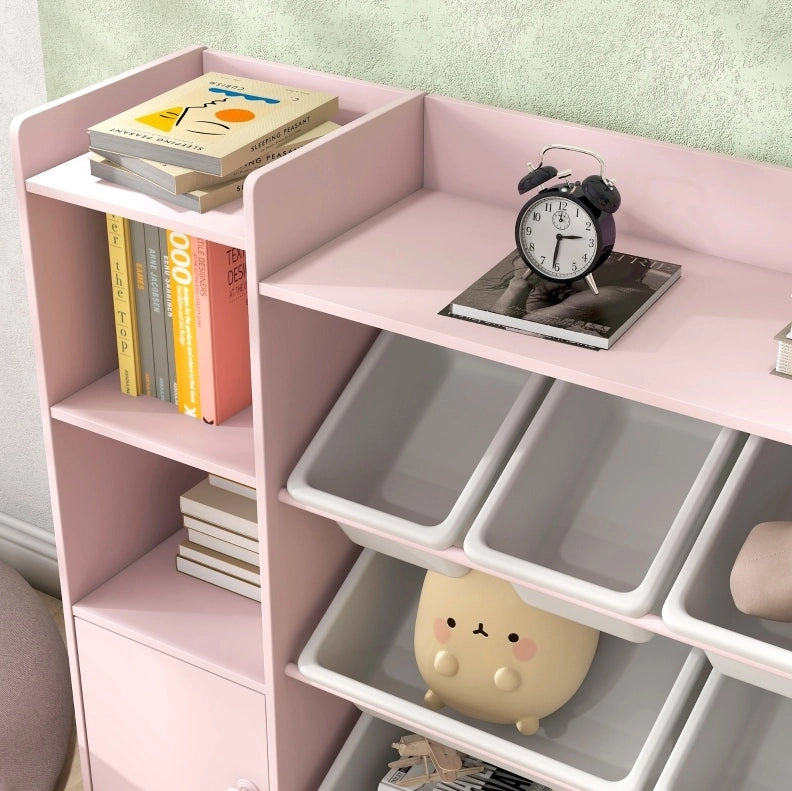 Scaffale per bambini 140x30x90 cm in MDF e metallo rosa con 8 contenitori