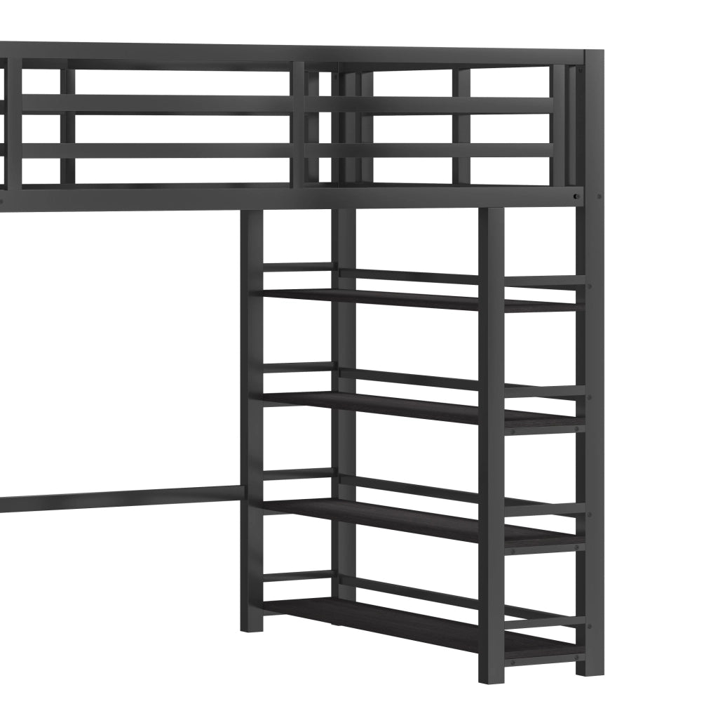 Letto a soppalco 140x200 cm con LED; libreria; armadio e scala contenitore; nero