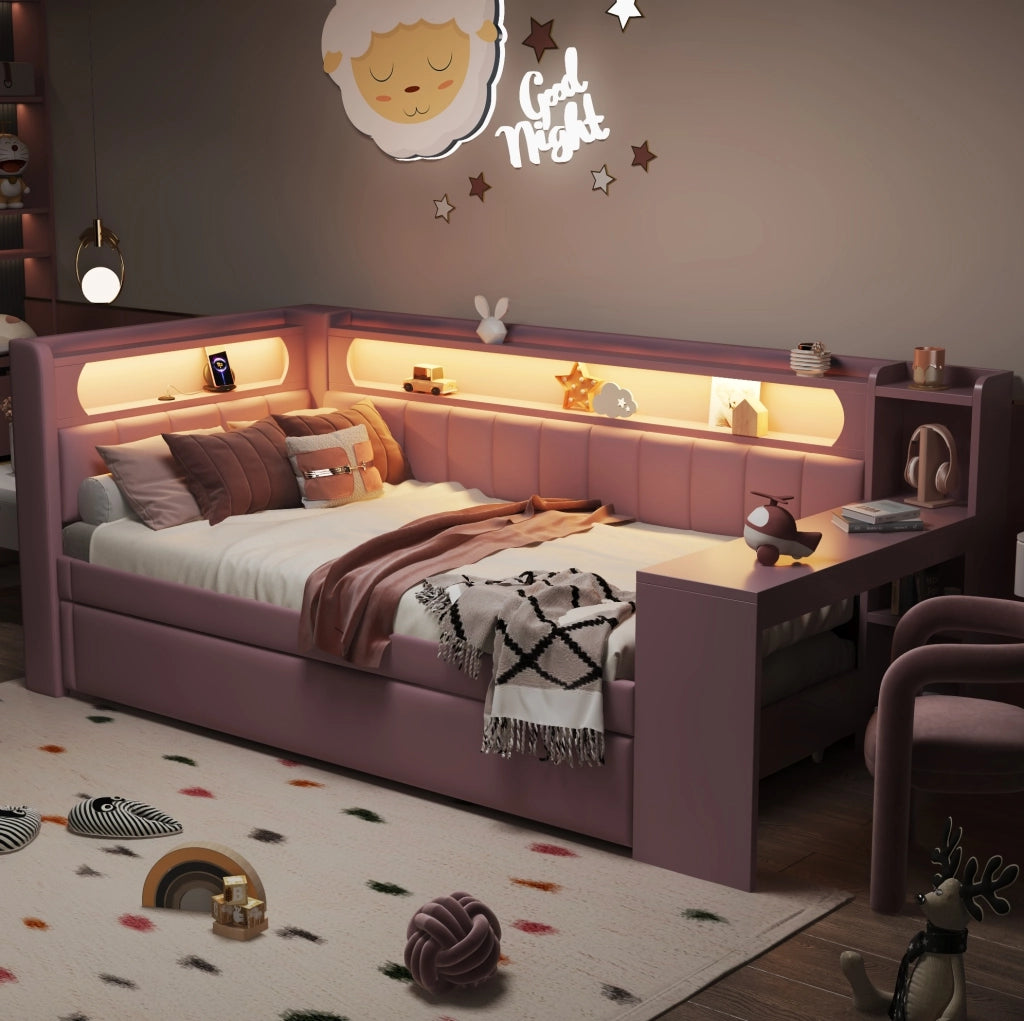 Letto singolo imbottito 90x200 cm con LED, USB e scrittoio