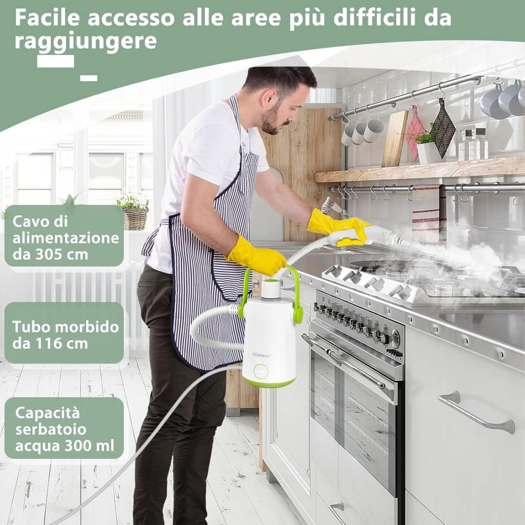 1000W Pulitore a Vapore Multiuso, Macchina a Vapore Portatile con 10 Accessori Serbatoio da 300 ml, Pulizia a Vapore con Tubo Flessibile per Cucina Bagno Finestre (Verde)