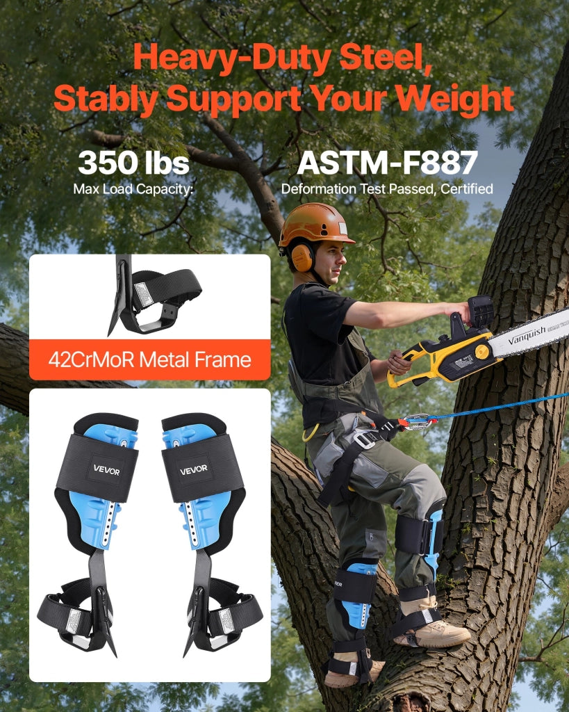 Ramponi per Arrampicata sugli Alberi ROPE-G-011 Regolabili in Altezza in Acciaio e EVA con Cinghie e Cuscino Azzurro Carico 159 kg
