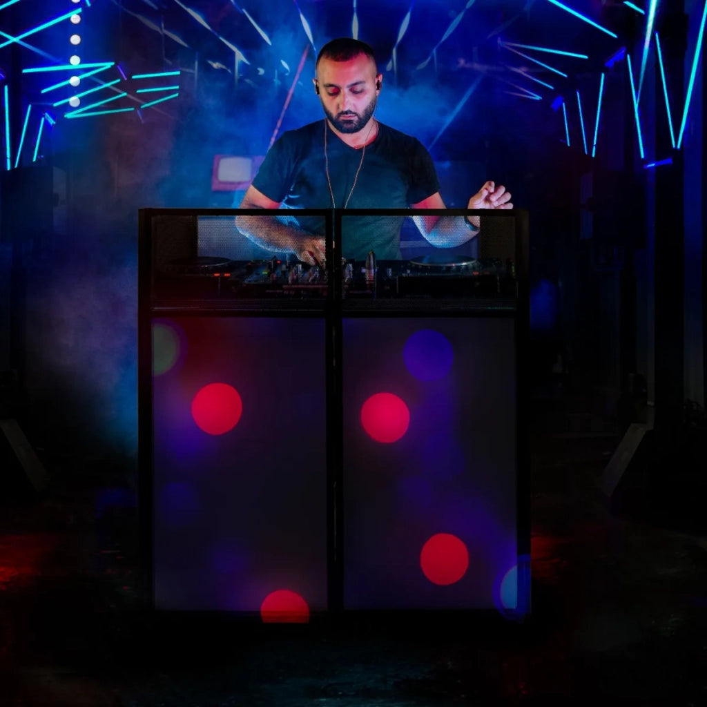 Supporto DJ Booth cabina tavolo pieghevole setup mobile discoteca nero e bianco