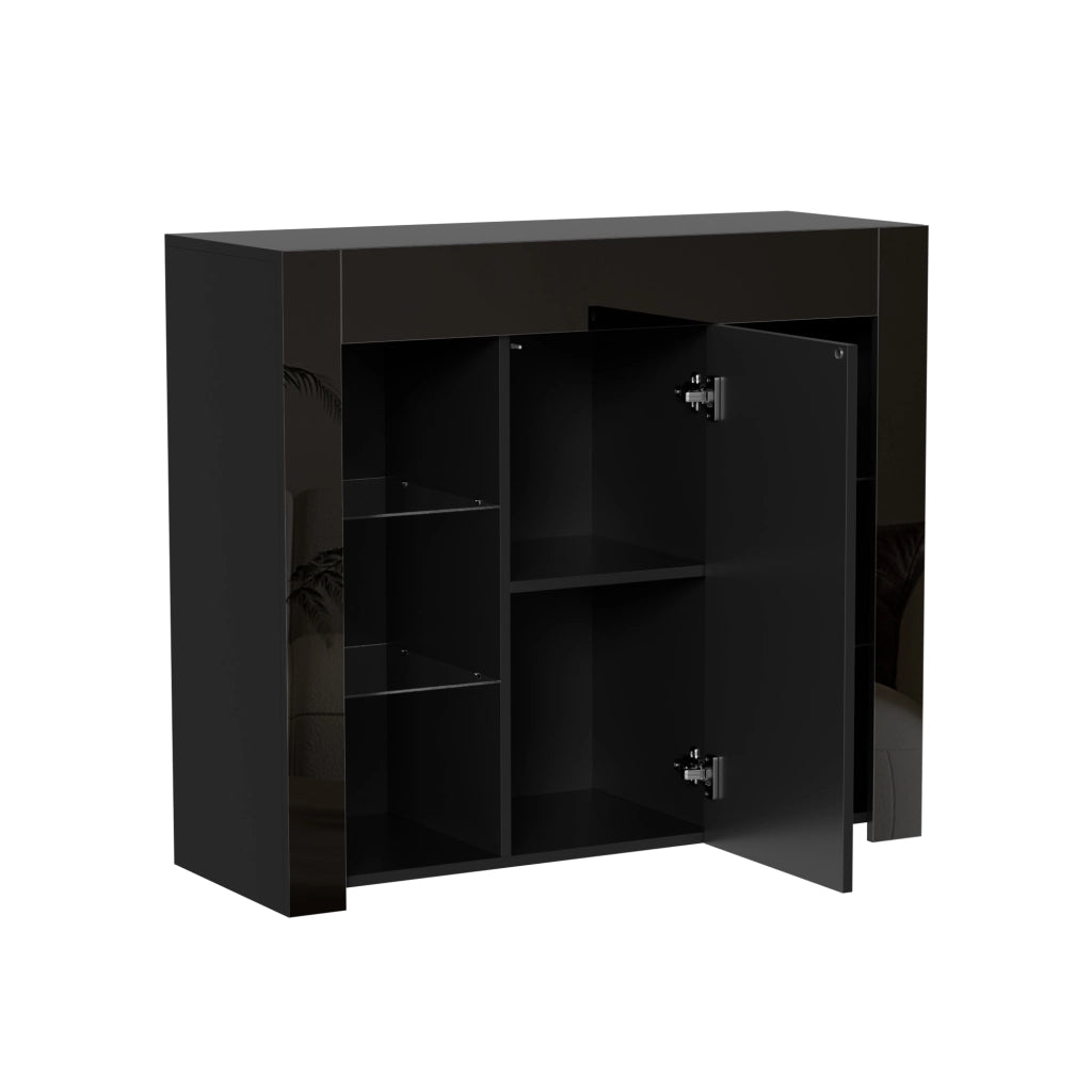 Credenza moderna nera con frontale lucido e ripiani in vetro; 95x35x83 cm