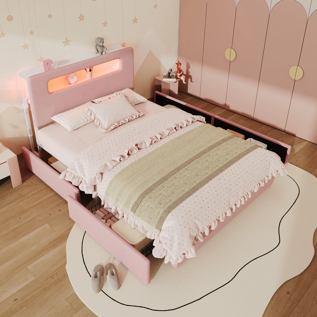 Letto imbottito rosa 140x200 cm con quattro cassetti laterali e LED; velluto