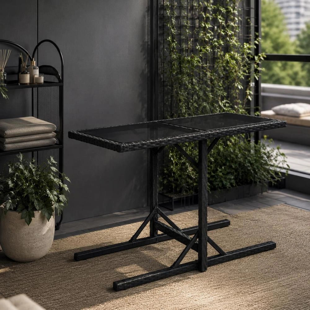 Garden Table Black 110x53x72 Cm Glass And Poly Rattan