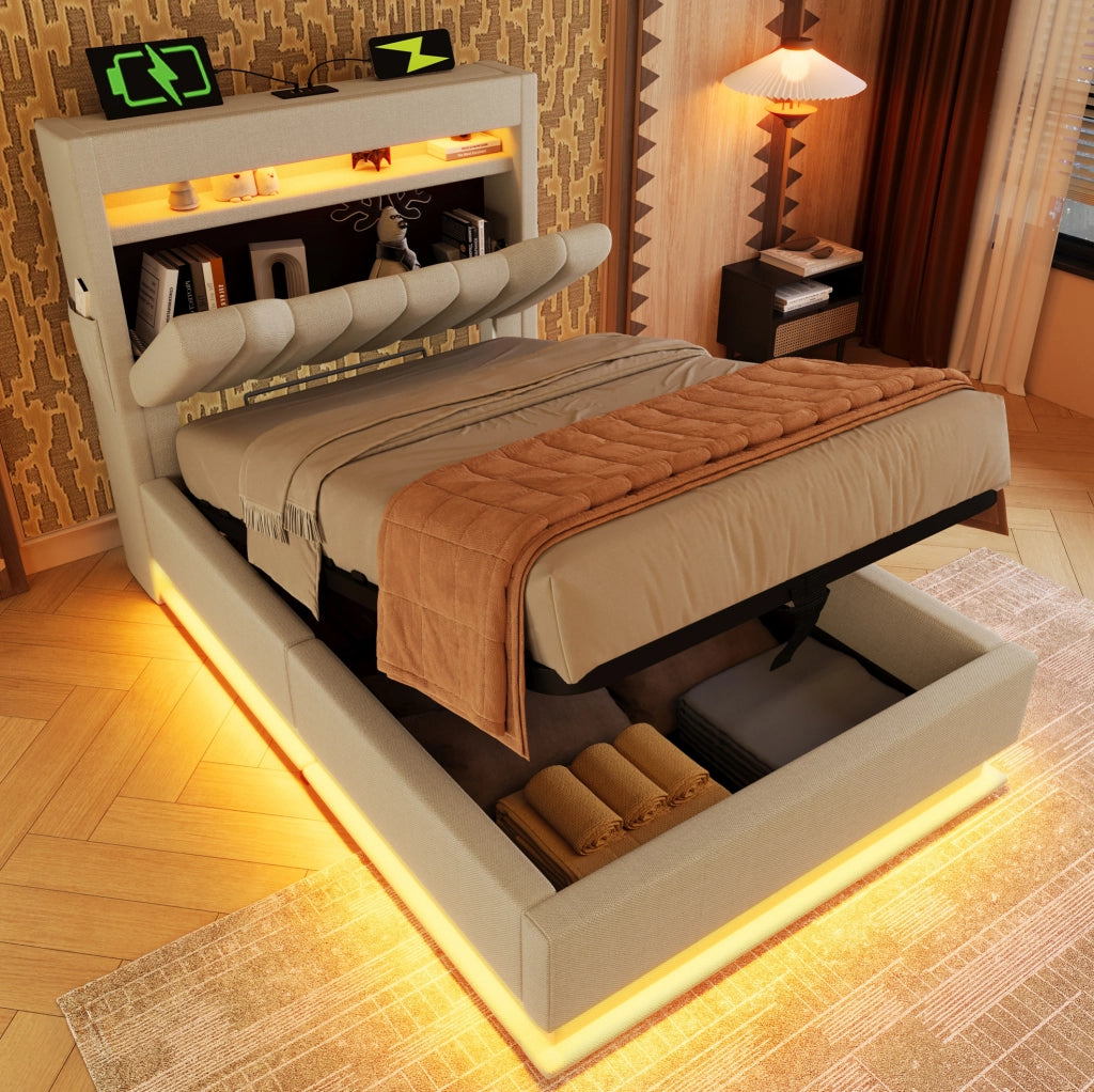 Letto 90x200 cm con materasso, LED, ricarica USB e USB-C, vano idraulico in lino beige