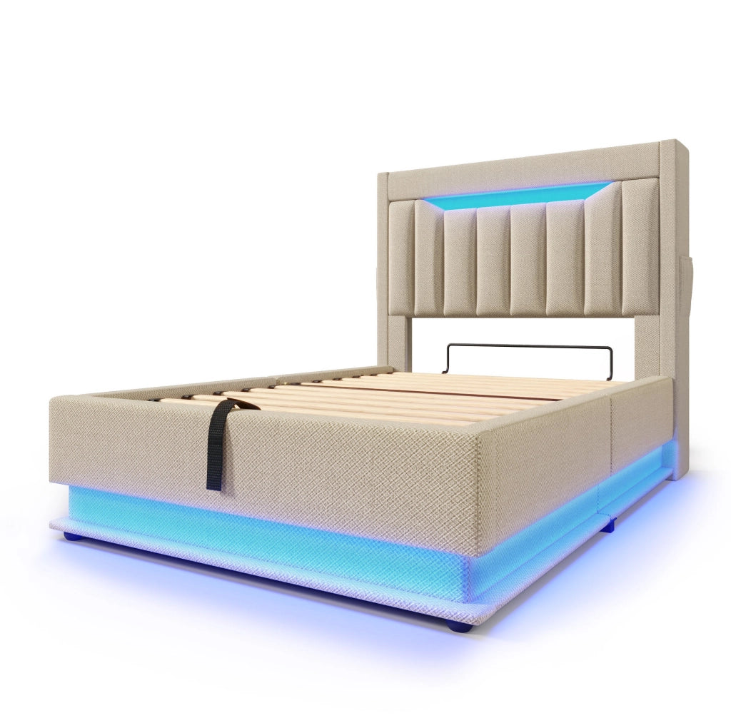 Letto 90x200 cm con materasso, LED, ricarica USB e USB-C, vano idraulico in lino beige