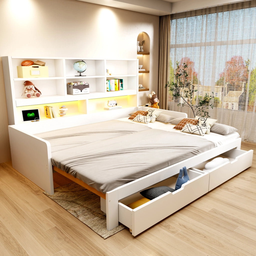 Letto da giorno estraibile 90/180 x 200 cm con 2 cassetti; LED e prese; MDF bianco