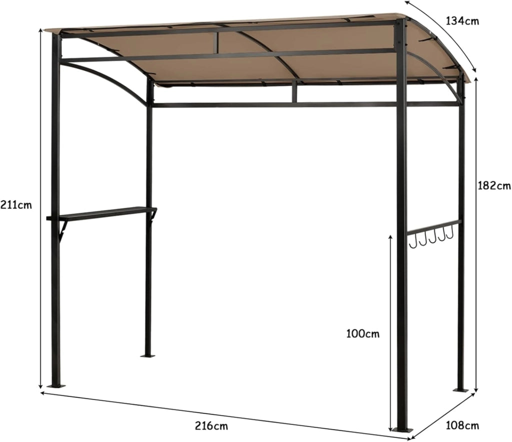 Gazebo per Barbecue, 216 x 134 x 211 cm, Pergola per BBQ con Ripiano Portaoggetti e 5 Ganci, Struttura Robusta in Metallo, per Giardino Cortile e Spiaggia