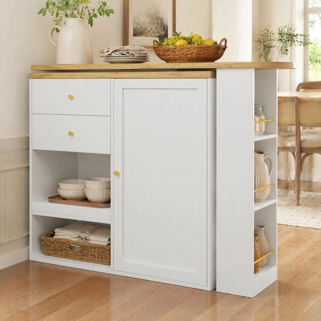 Armadio modulare girevole in MDF bianco con 4 cassetti, ripiani aperti e maniglia dorata, 105 x 39 x 102 cm