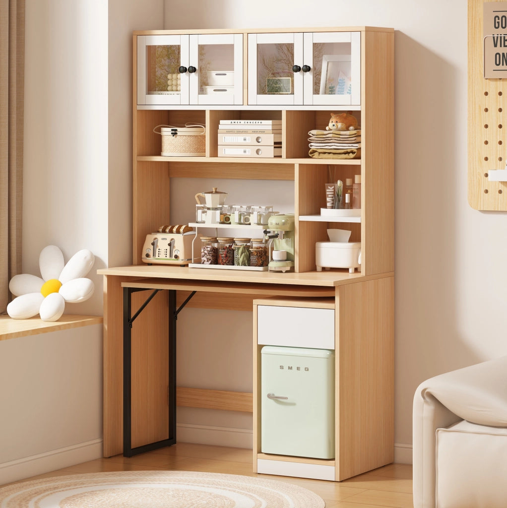 SCRIVANIA CON MOBILE ALTO 180 cm Bianco e Naturale in MDF