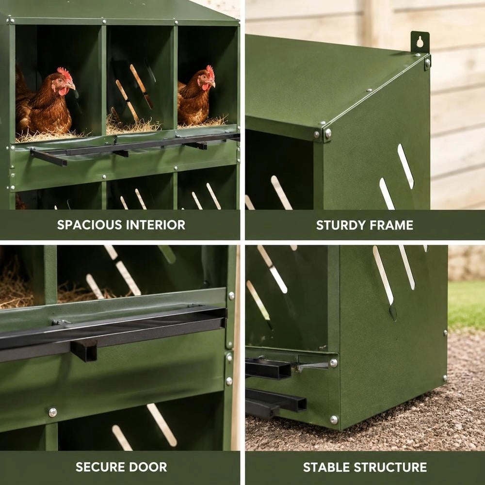 Chicken Nesting Box With 6 Compartments, Olive Green, Metal