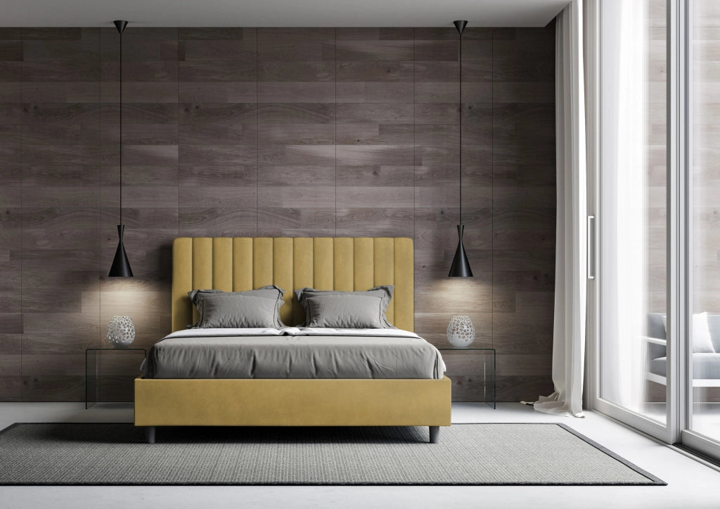 Letto 1 Piazza E Mezzo 130x190 cm con Rete Imbottito in Microfibra Agueda Ocra