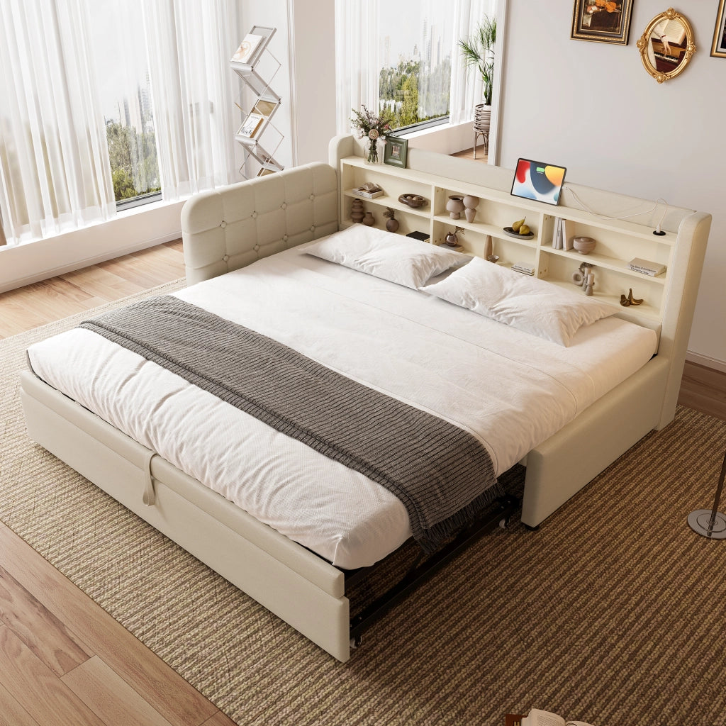 Letto singolo estraibile con USB e Type-C in lino beige con rete a doghe e ripiani integrati