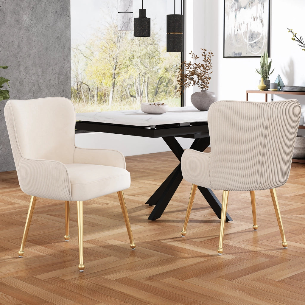 Set di 4 sedie da pranzo - con braccioli e supporto lombare - in velluto - beige e oro