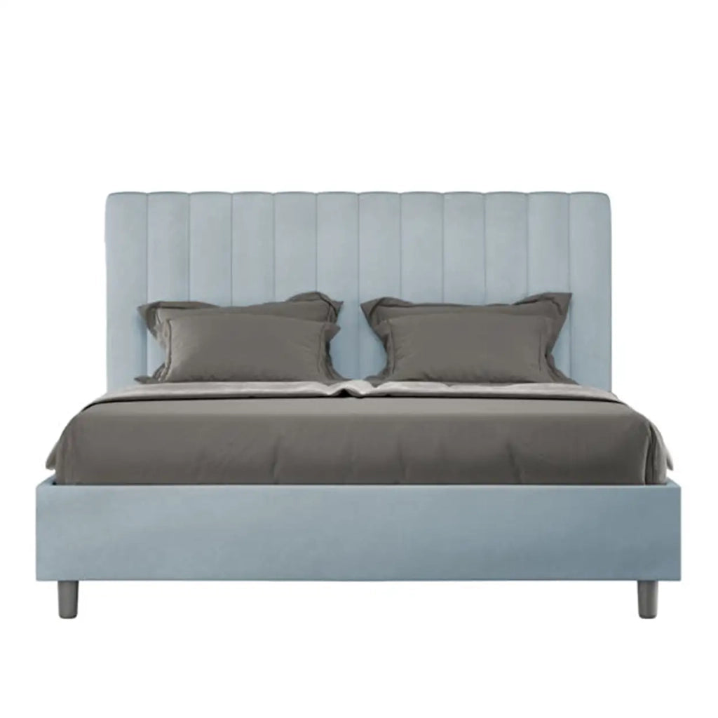 Letto matrimoniale francese con rete imbottito 140x190 microfibra azzurro Agueda