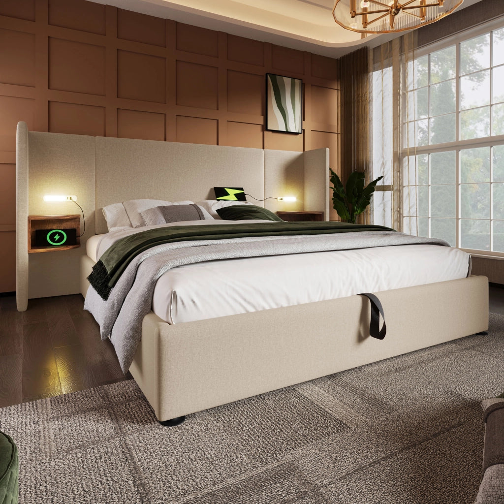 Letto matrimoniale 160x200 beige con sollevamento idraulico