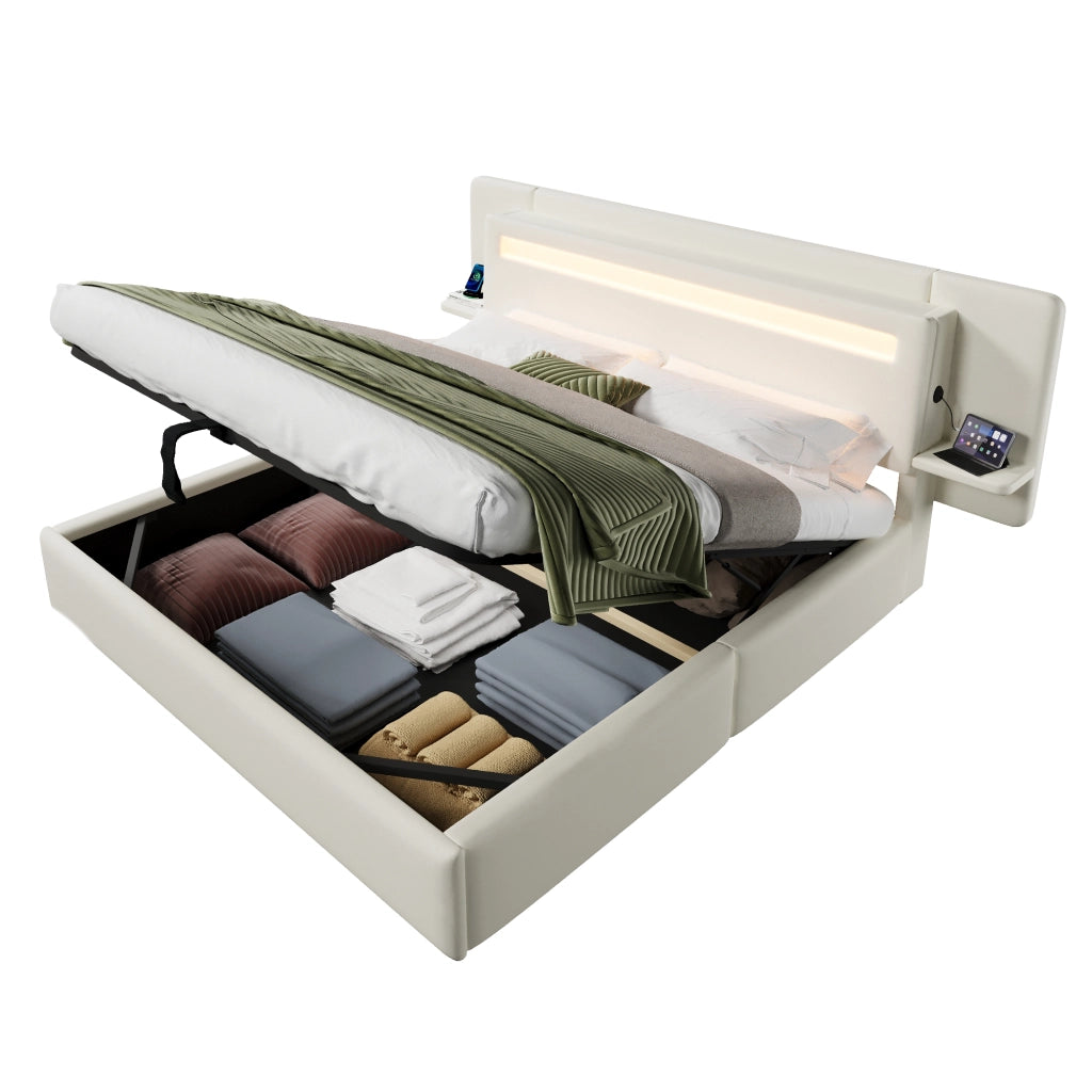 Letto contenitore 180 × 200 cm imbottito con sollevamento idraulico; comodino USB e LED multicolore beige