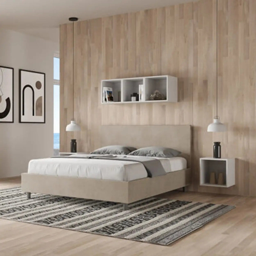 Letto matrimoniale senza rete imbottito 160x200 microfibra sabbia Adele
