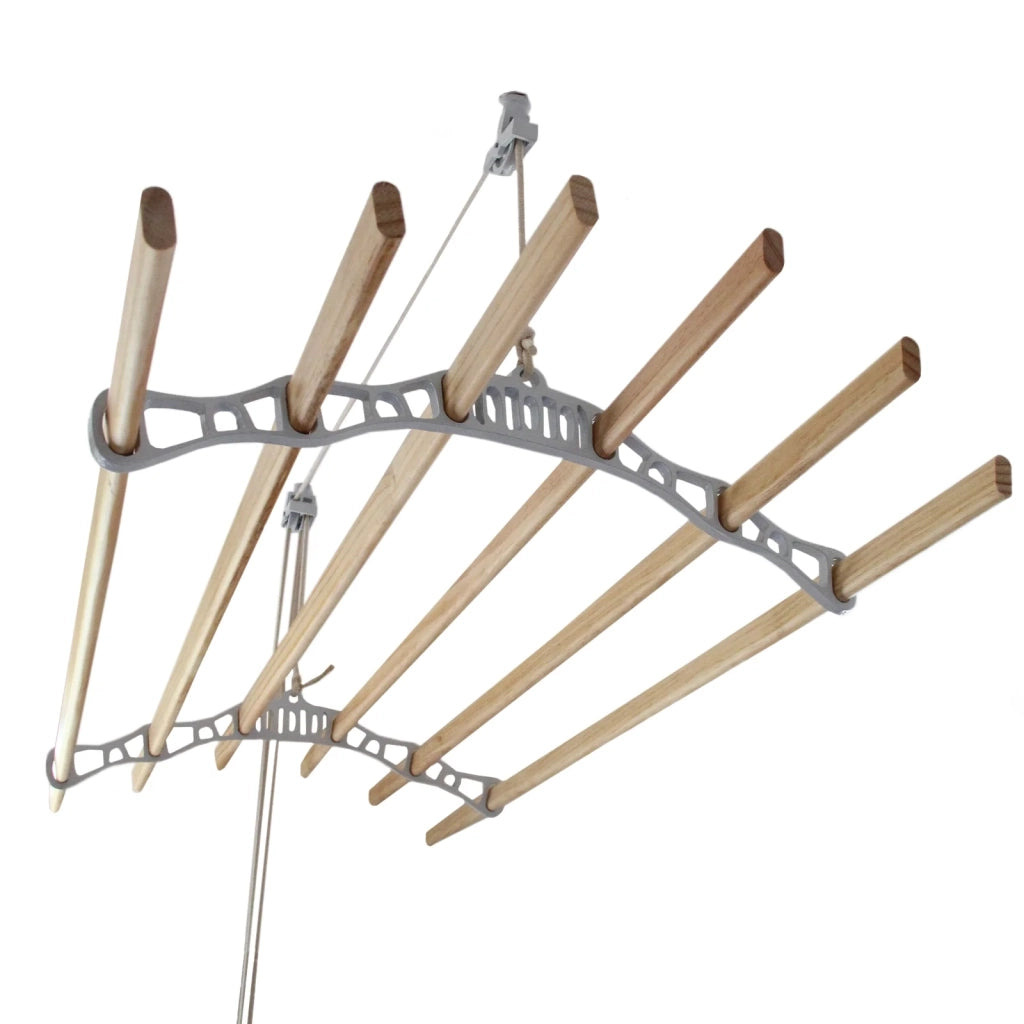 Stendibiancheria da Soffitto con 6 Stecche Legno 120cm e Supporti Ghisa Bianchi