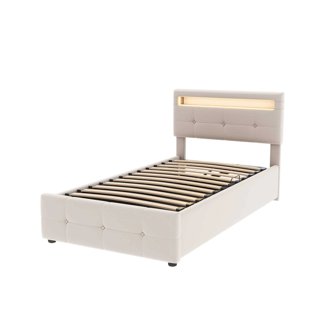 Letto contenitore 90x200 cm con LED e testiera regolabile; in velluto; beige