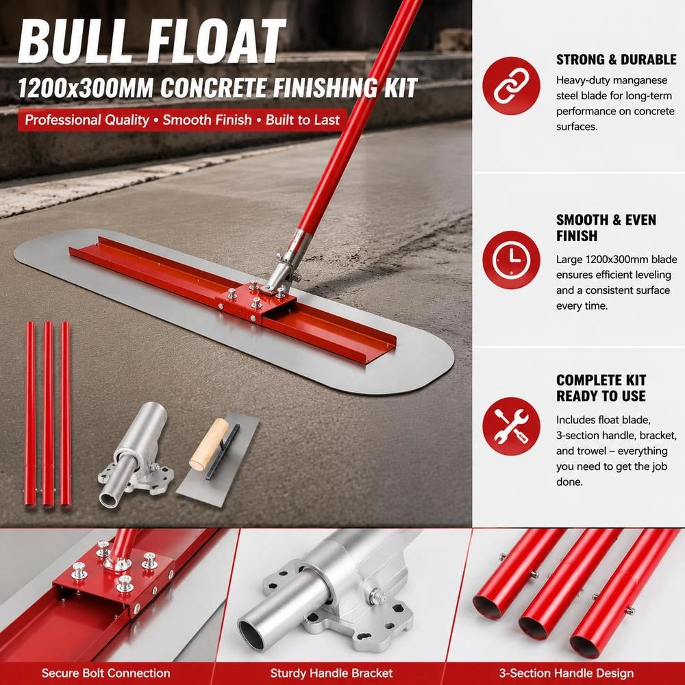 Bull Float Concrete Float 1200x300 Mm, Complete Concrete Tool Trowel Set, Handle Length 3 X 1.8 M, Smoothing Trowel, Steel, Adjustable Bottom, Construction Aid