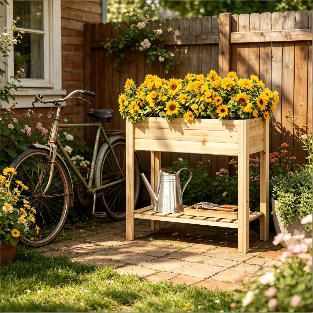 Orto rialzato su gambe con ripiano portaoggetti per erbe e ortaggi in legno di abete color legno 80 × 75 × 40 cm
