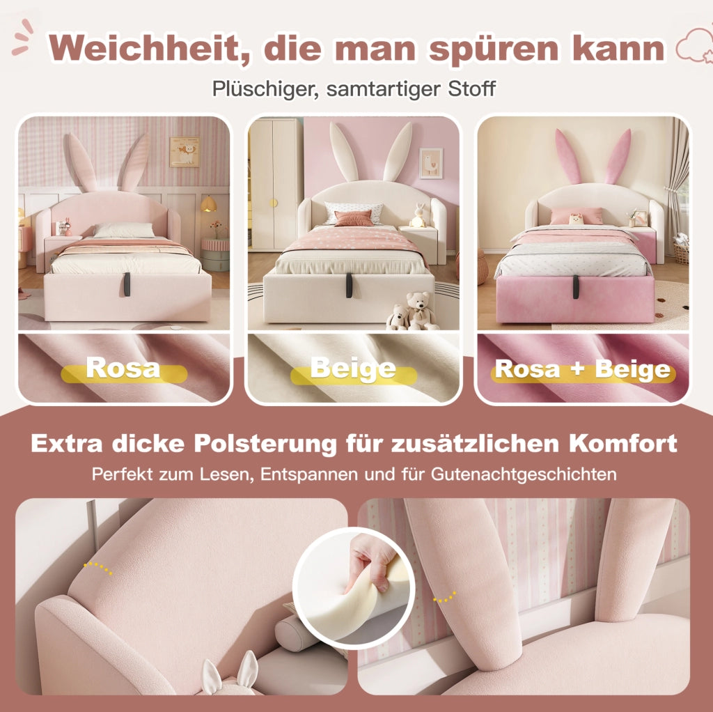 LETTO 90x190 cm in Velluto Rosa con Comodino e Contenitore