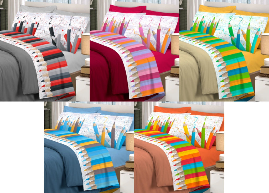 Completo Lenzuola Linea Pensieri Delicati 100% Cotone Disegno Matitoni - Singolo - Multicolor