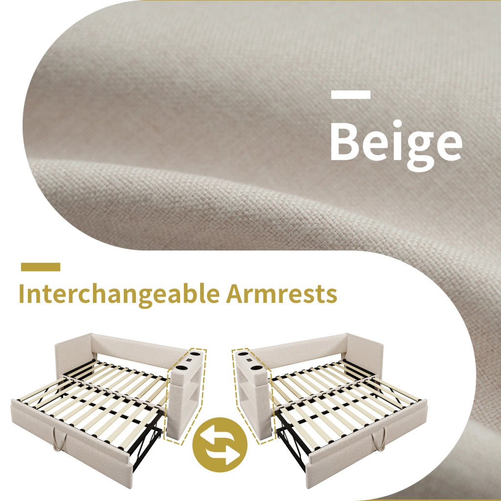 Letto singolo estraibile 90 × 190 cm con USB Type-C portabicchieri in cotone e lino beige